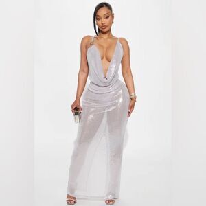 Jessica Asymmetrical Sequin Maxi Dress - Silver • Elegant Silver Evening Gown